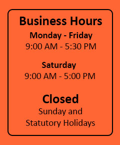 Business Hours, Monday to Friday from 9am until 5:30pm, Saturday from 9am to 5pm